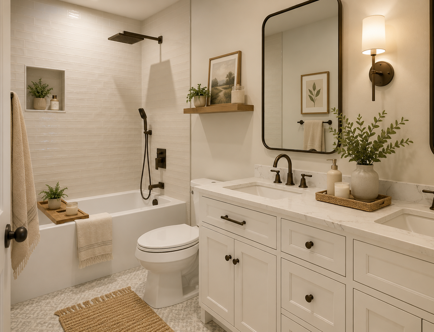 Second-floor full bathroom with walk-in glass shower, marble tile, and brushed brass fixtures