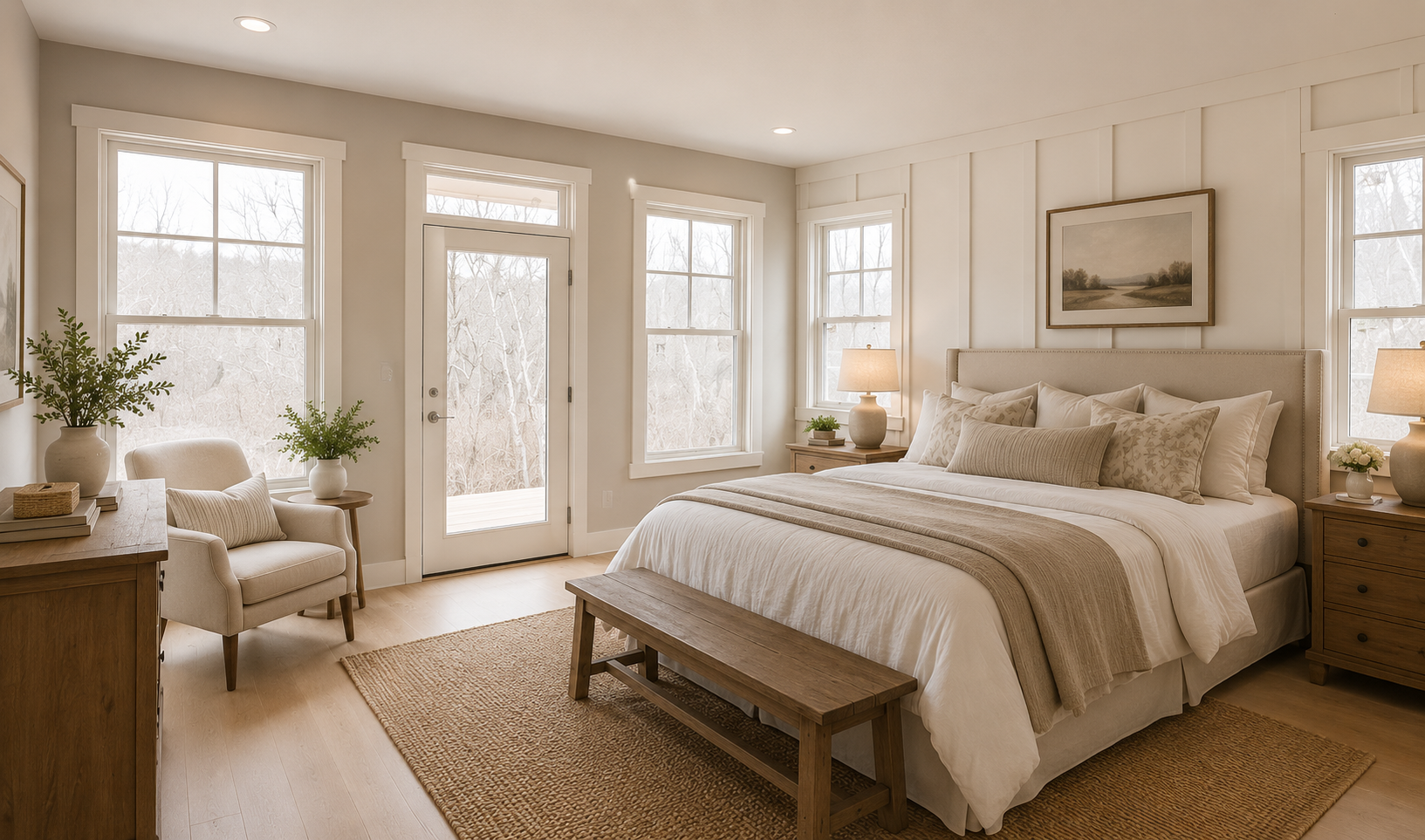 Primary bedroom suite with bench at foot of bed, multiple windows, and exterior door