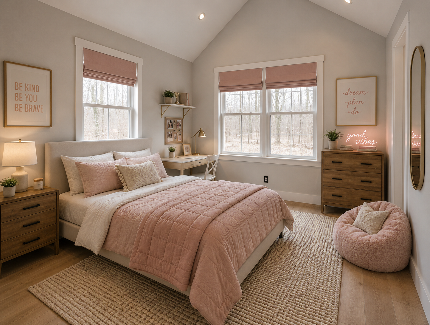 Upper-level guest bedroom with dark bedding, desk area, and sports décor