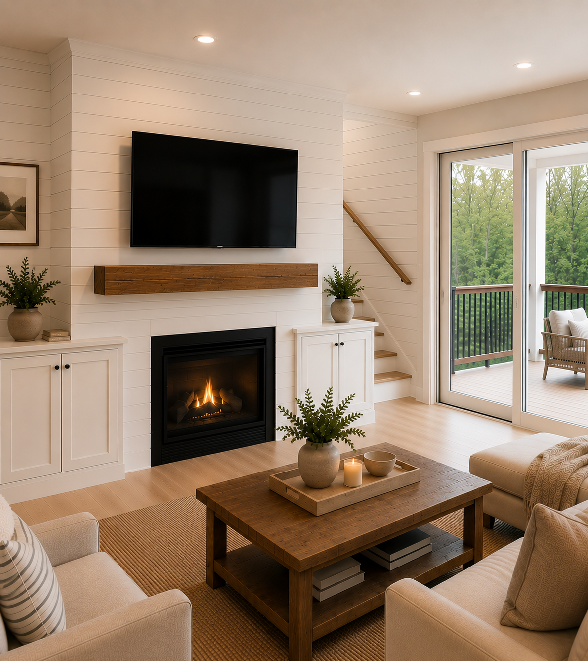 Living room with shiplap fireplace wall, wide-plank floors, custom millwork, and glass doors to the surrounding woodland