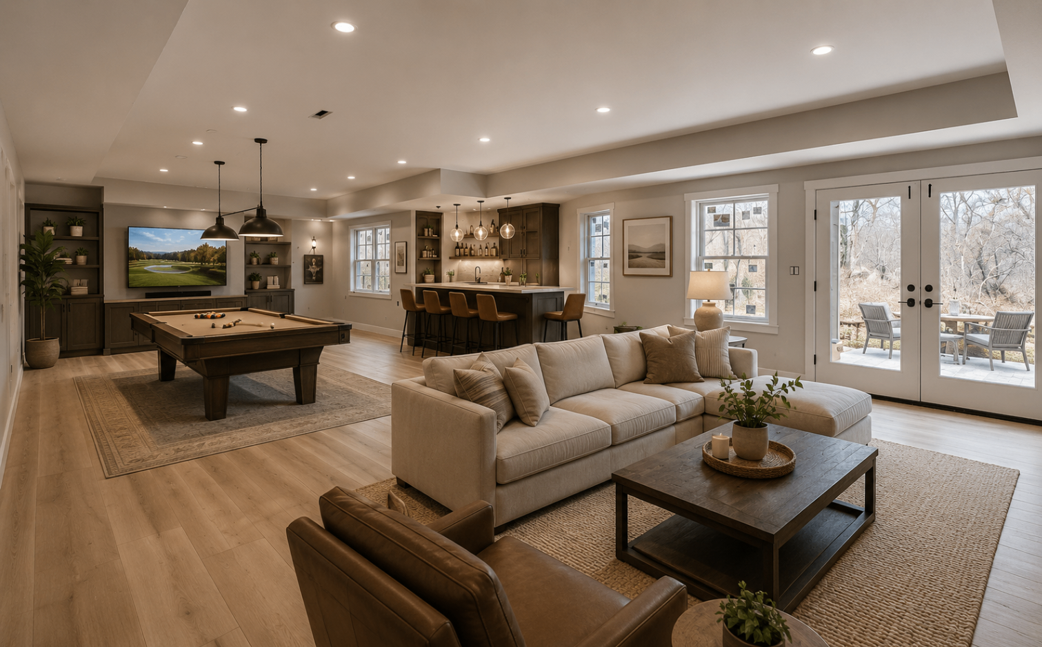 Lower-level retreat with pool table, lounge seating, bar area, and French doors