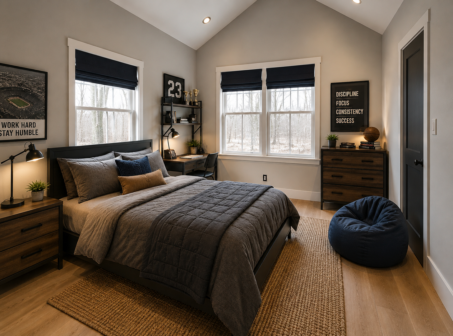 Upper-level guest bedroom with vaulted ceiling, dark bedding, desk area, and treetop views