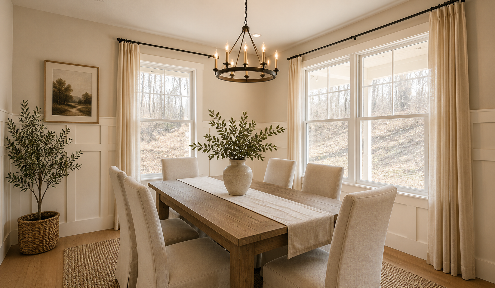 Formal dining room with wood table, upholstered chairs, statement chandelier, and wainscoting