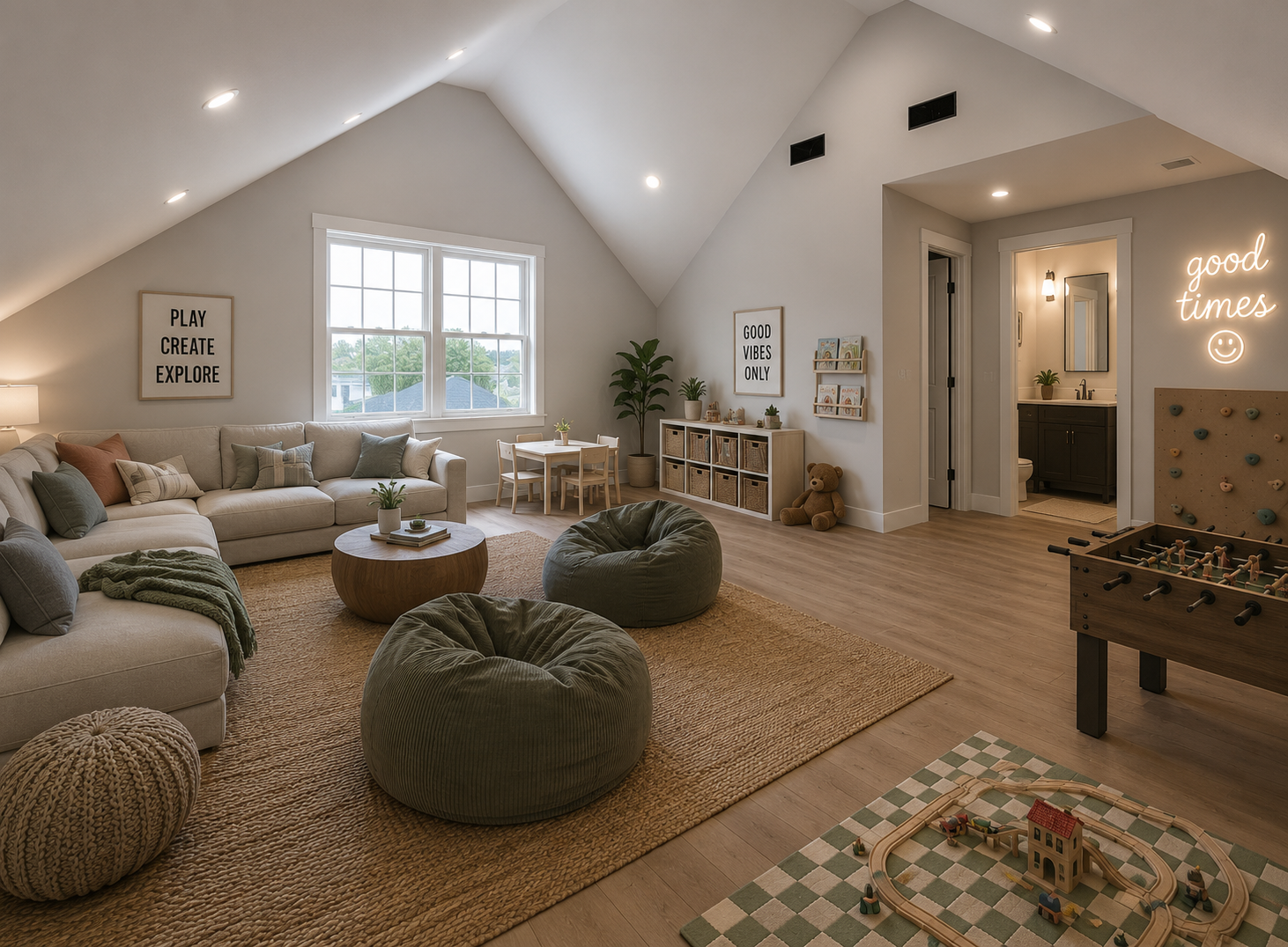 Second-floor bonus room and playroom with cathedral ceiling